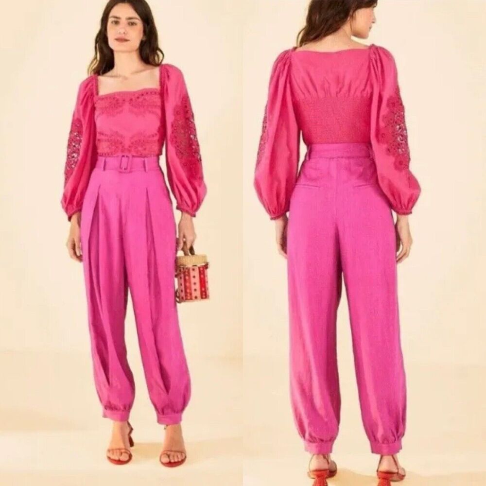 FARM Rio Pink 100% Linen Belted Harem Pants Womens S High Waist Pleated Belted